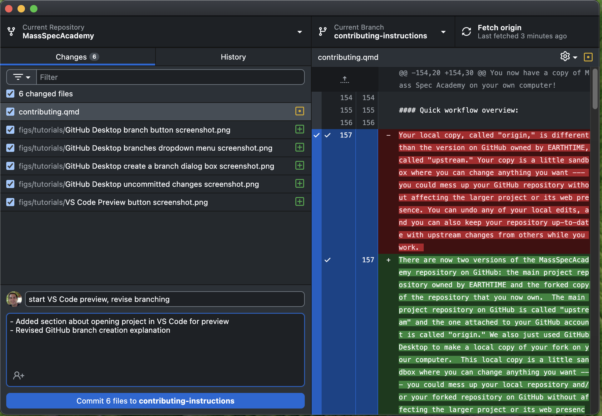 GitHub desktop screenshot of example commit message